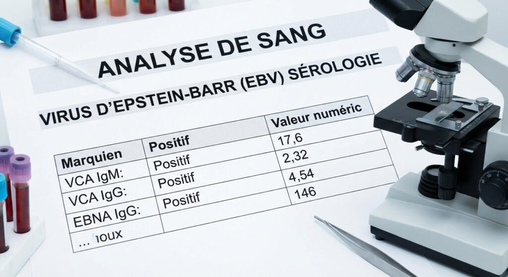 IgG anti VCA positif : comprendre vos résultats de sérologie EBV 2 Analyse de sang montrant les marqueurs sérologiques du virus d'Epstein-Barr