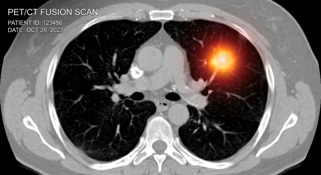 Image de Tomographie par Émission de Positons montrant un foyer hypermétabolique brillant au niveau pulmonaire