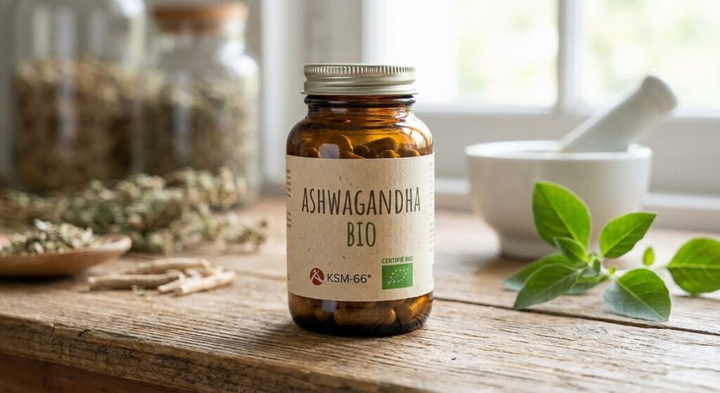 Un flacon en verre contenant des gélules d'ashwagandha bio certifié KSM-66 posé sur un comptoir.