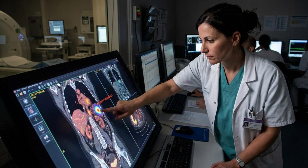 Médecin nucléaire localisant un foyer d'activité cellulaire anormale sur un écran de contrôle