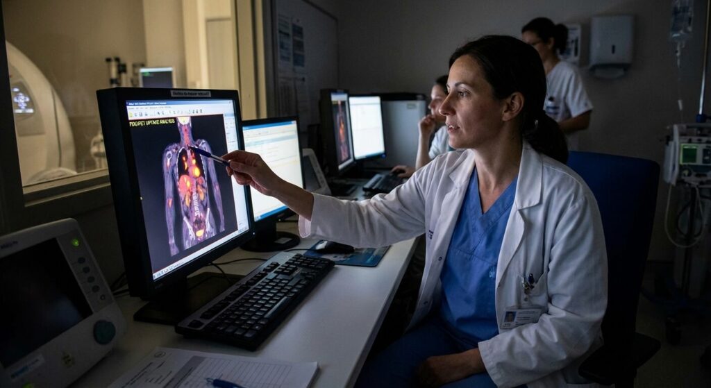 Hypermétabolisme au PET scan : définition, causes et interprétation 3 Médecin nucléaire analysant la fixation du traceur radioactif sur une image de scanner TEP