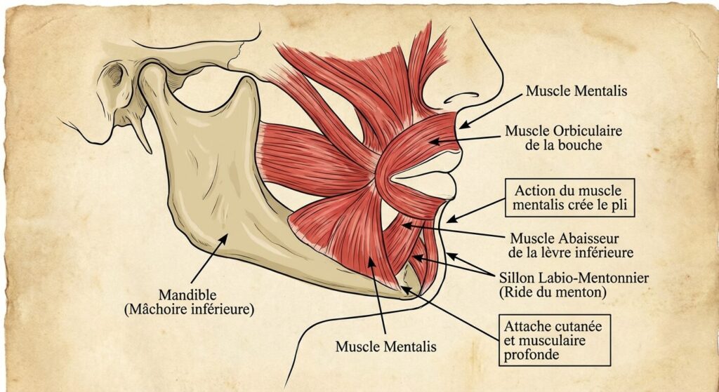 Schéma des structures musculaires et osseuses du menton expliquant la ride du sillon labio-mentonnier