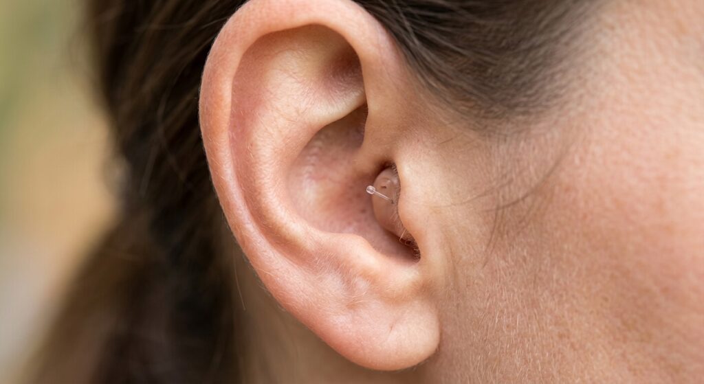 Gros plan sur une oreille portant un appareil auditif invisible de type intra-auriculaire logé au fond du conduit.