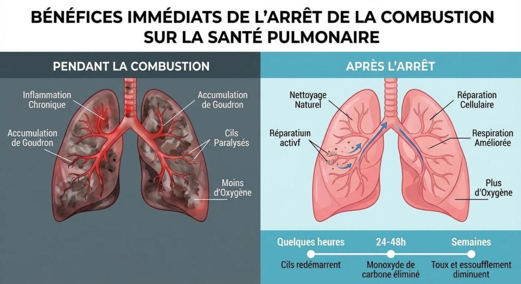 Illustration graphique des bénéfices immédiats de l'arrêt de la combustion sur la santé pulmonaire.