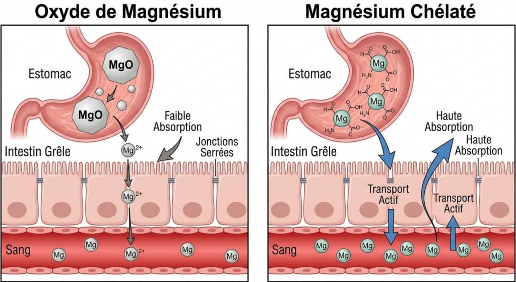 Quel magnésium choisir selon son besoin ? Guide complet pour une supplémentation efficace 3 Schéma explicatif montrant la différence d'absorption intestinale entre l'oxyde de magnésium et le magnésium chélaté.