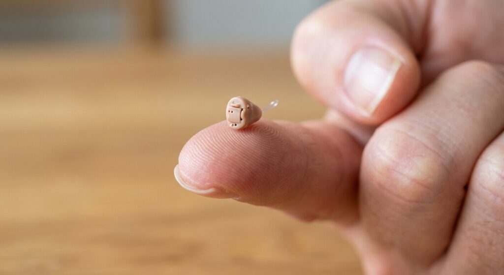 Une petite aide auditive invisible posée sur le bout d'un doigt pour illustrer sa taille extrêmement réduite.Une petite aide auditive invisible posée sur le bout d'un doigt pour illustrer sa taille extrêmement réduite.