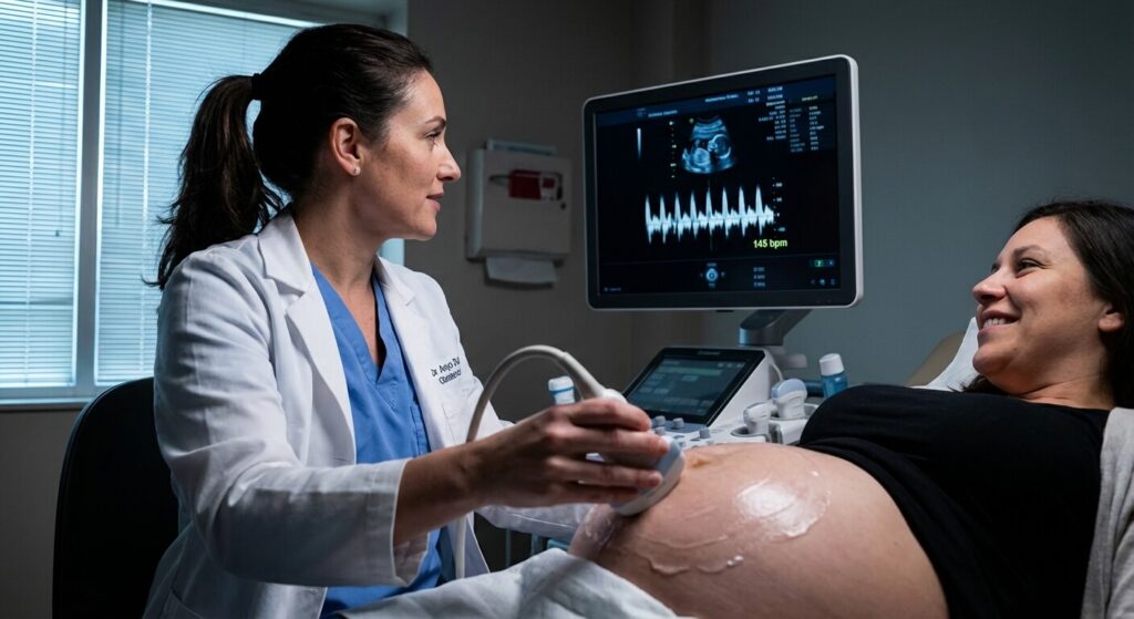 Médecin obstétricien analysant le rythme cardiaque d'un fœtus lors d'une échographie