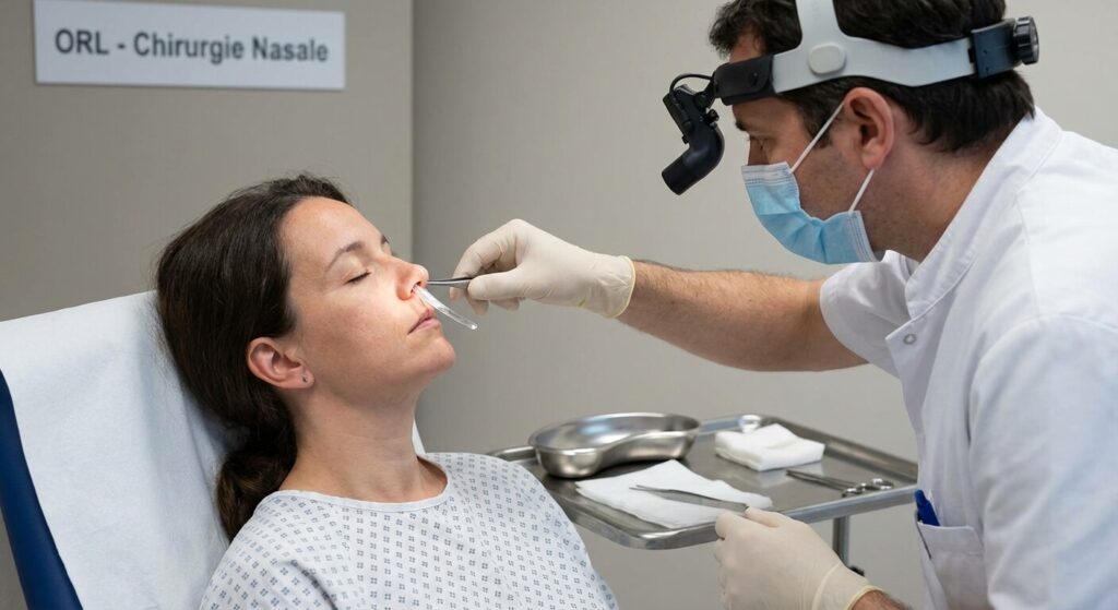Médecin ORL procédant au retrait des attelles internes après une chirurgie nasale pour libérer la respiration