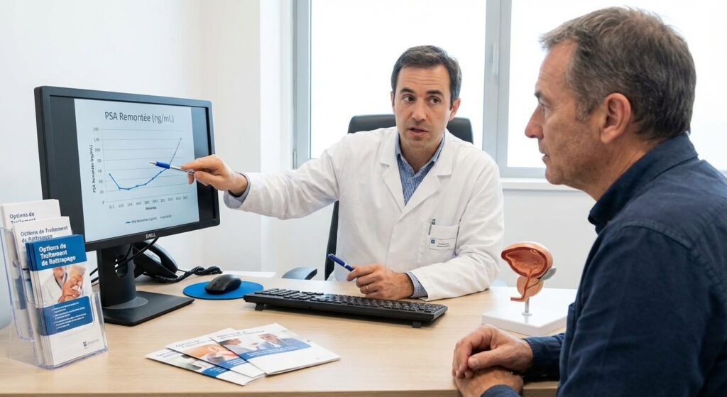 Urologue expliquant la courbe de remontée du PSA et les options de traitement de rattrapage