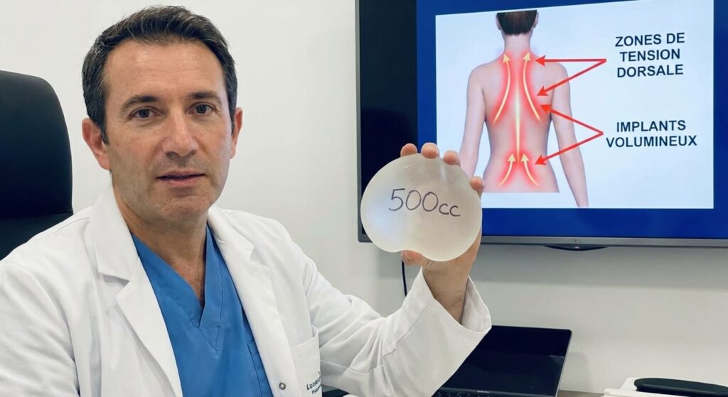 Illustration des zones de tension dorsale liées au poids d'implants mammaires volumineux