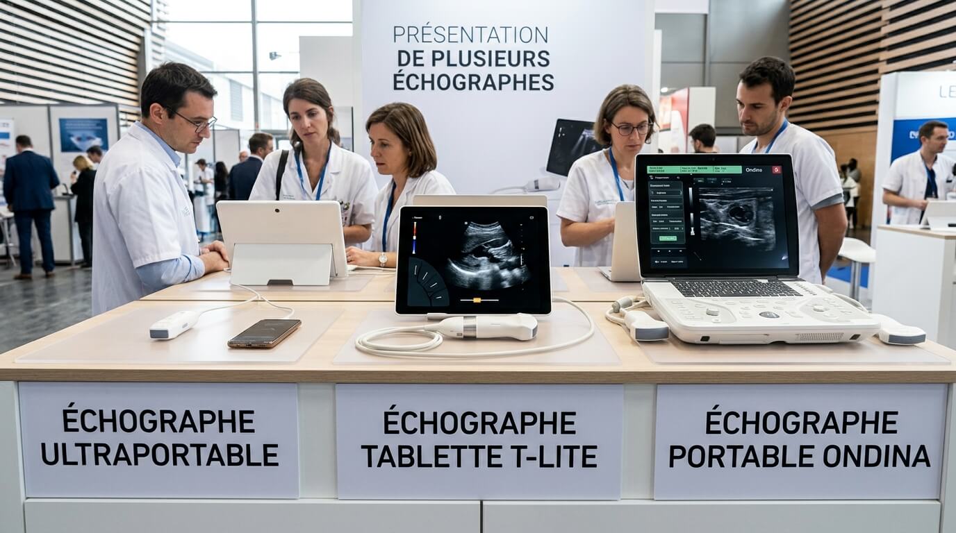 Présentation de plusieurs échographe : ultraportable, tablette T-lite et echographe portable ondina