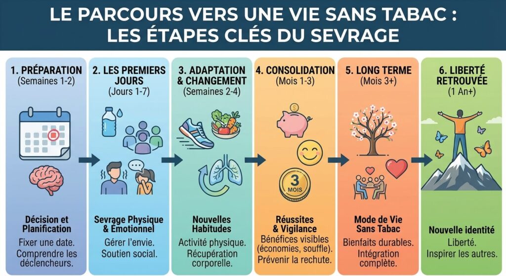 Infographie présentant les étapes clés du sevrage tabagique vers une vie sans tabac.