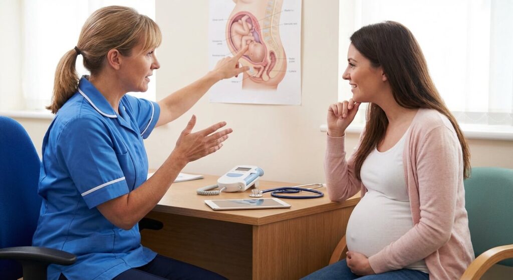 Bébé très bas dans le ventre : causes, sensations et précautions 3 Sage-femme expliquant la position du fœtus lors d'une consultation prénatale