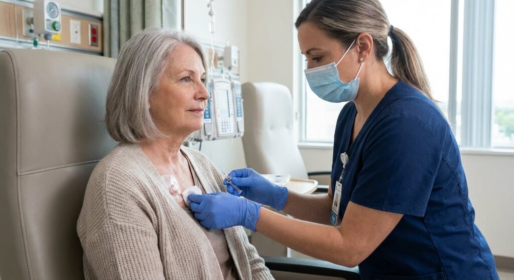 Infirmière préparant l'accès veineux sur une chambre implantable (PAC) avant la séance