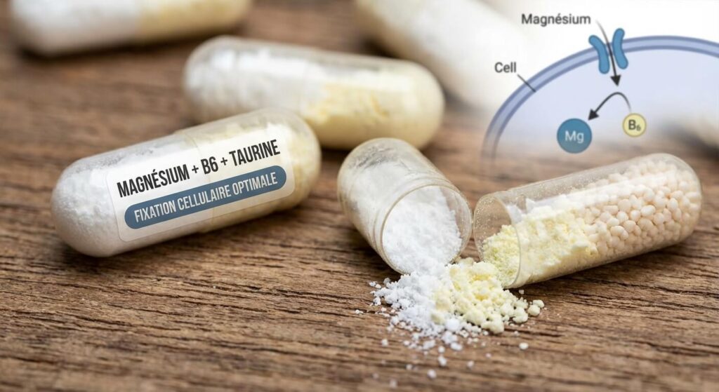 Quel magnésium choisir selon son besoin ? Guide complet pour une supplémentation efficace 4 Gros plan sur des gélules montrant l'association du magnésium avec la vitamine B6 et la taurine pour une fixation cellulaire optimale.