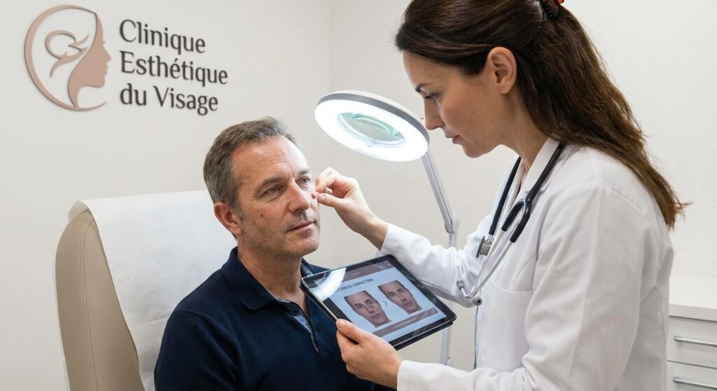 Médecin esthétique examinant un nodule pour proposer une solution de correction