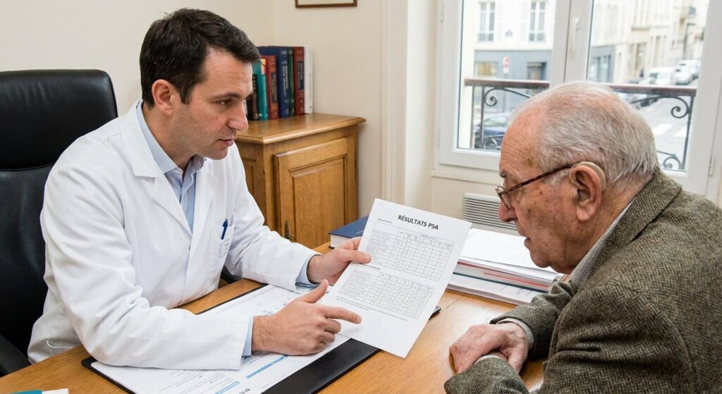 Urologue expliquant les résultats d'un test de PSA à un patient de 90 ans