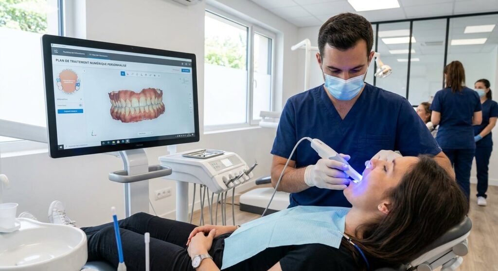 Scanner intra-oral utilisé par un orthodontiste pour créer un plan de traitement numérique personnalisé.