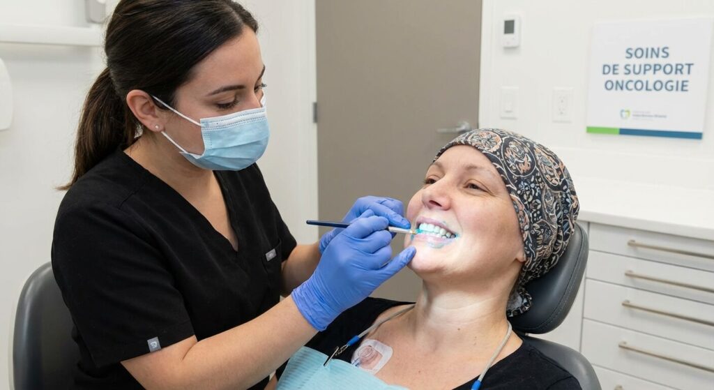 Application d'un gel fluoré protecteur sur les dents d'un patient sous chimiothérapie