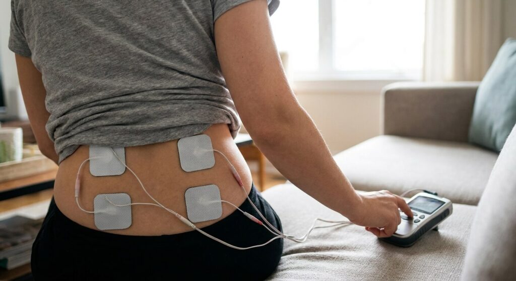 Électrodes TENS posées sur le bas du dos, soulagement douleur lombaire
