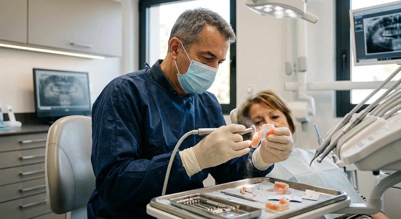 Dentiste effectuant une retouche sur la plaque palatine d'un appareil dentaire.