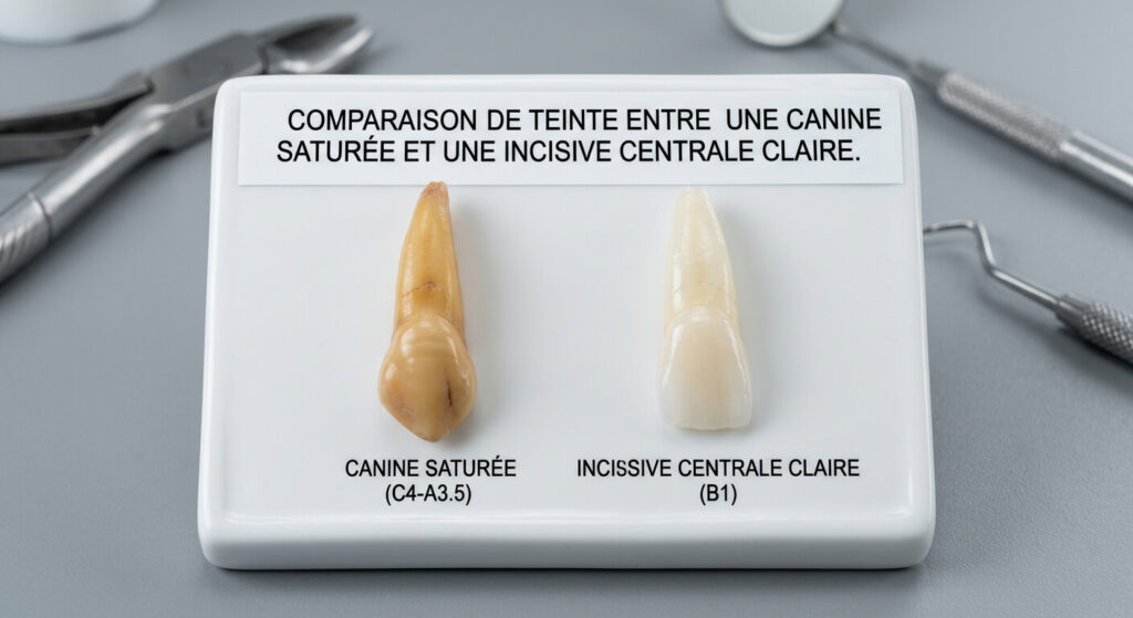 Comparaison de teinte entre une canine saturée et une incisive centrale claire.