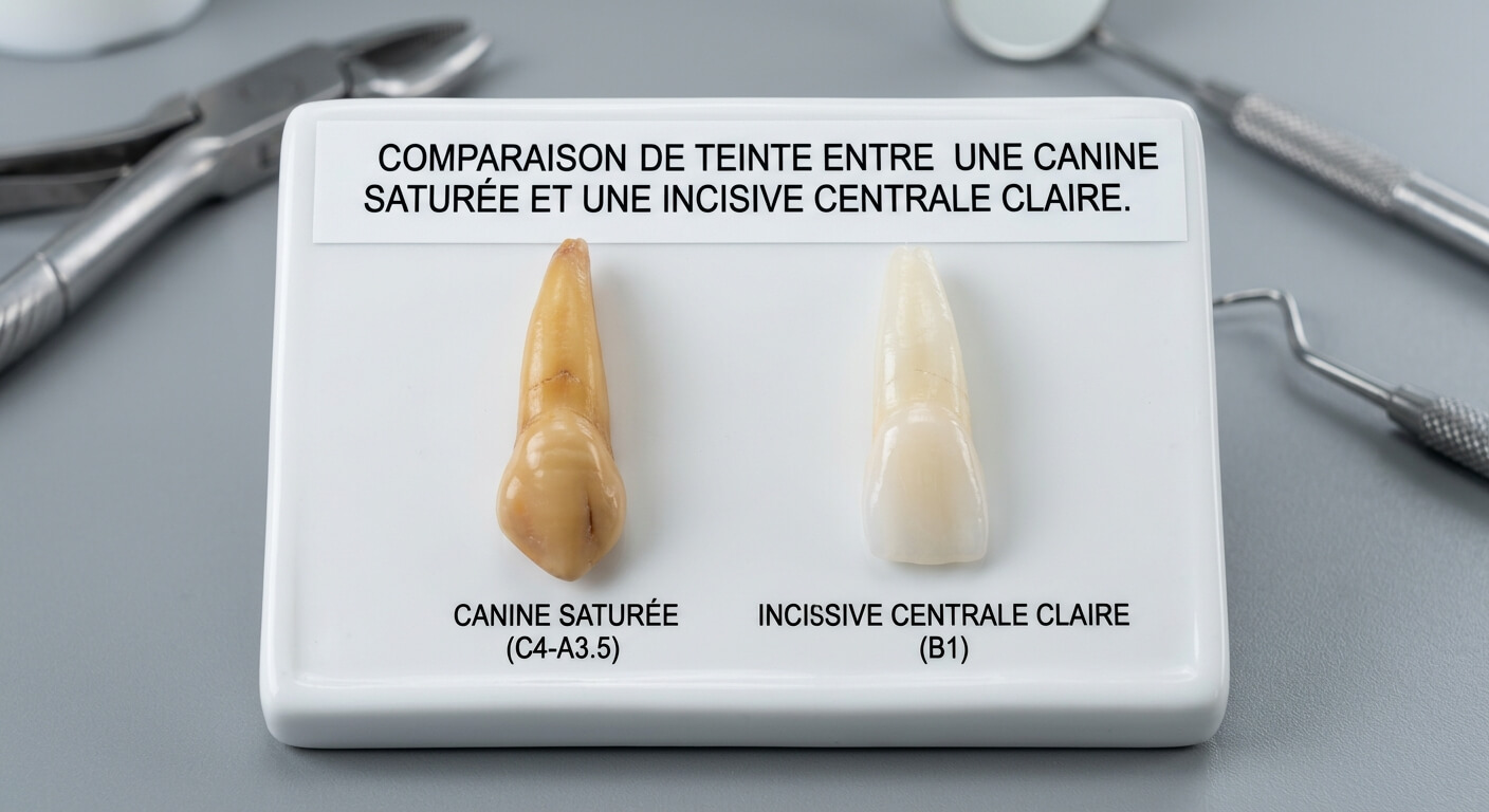 Comparaison de teinte entre une canine saturée et une incisive centrale claire.