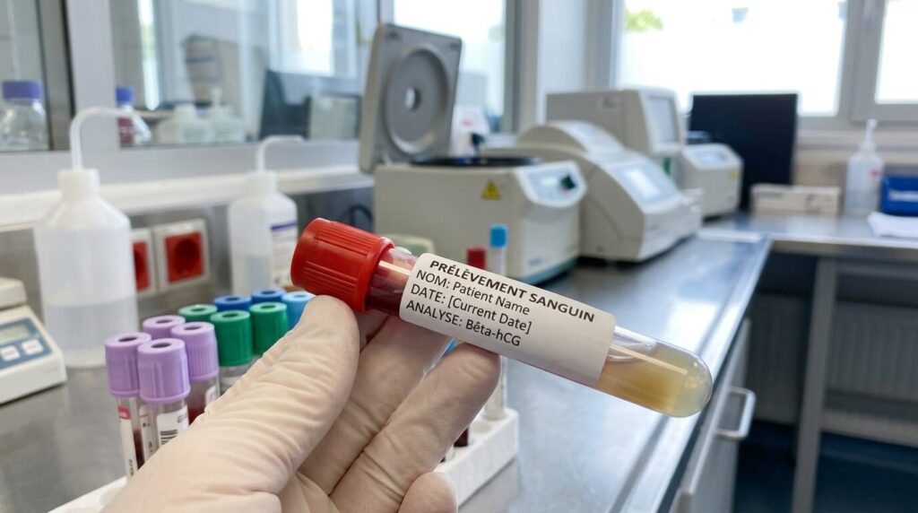 Tube de prélèvement sanguin pour le dosage de l'hormone bêta-hCG en laboratoire.