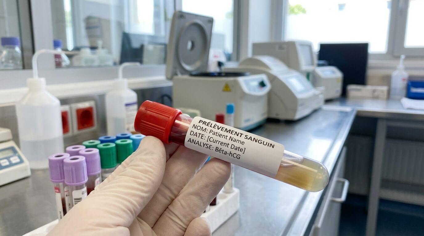 Tube de prélèvement sanguin pour le dosage de l'hormone bêta-hCG en laboratoire.
