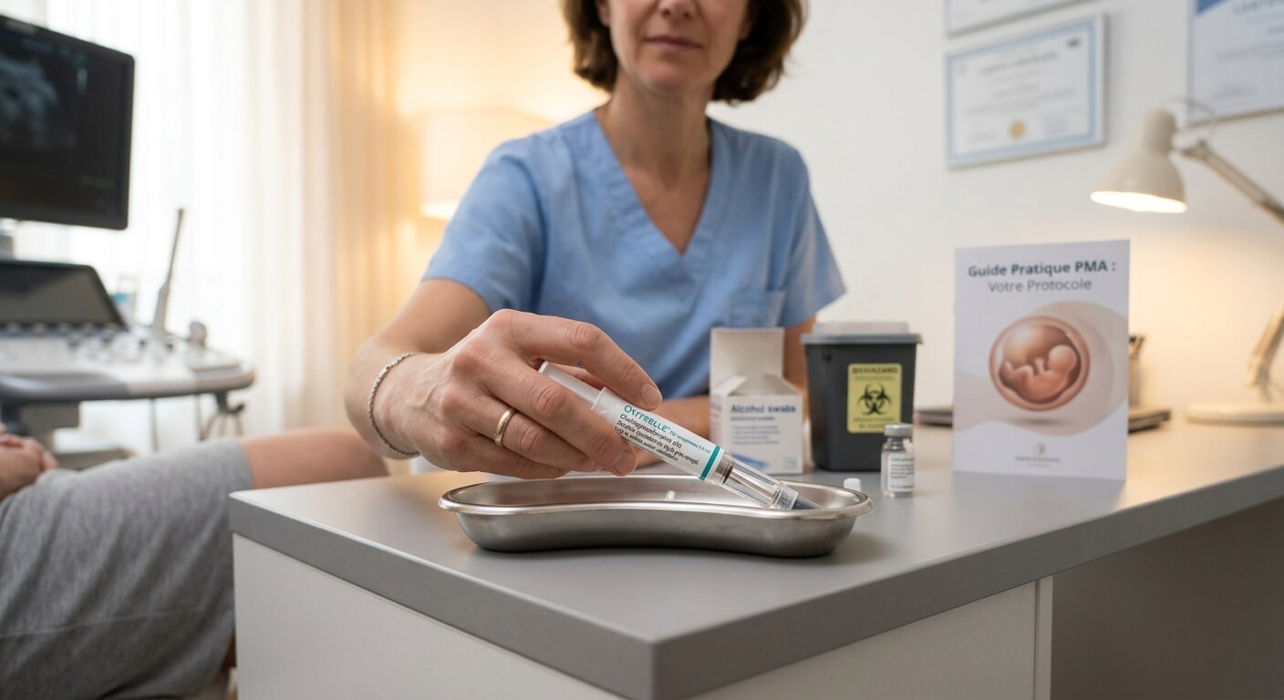 Stylo d'injection Ovitrelle utilisé pour déclencher l'ovulation en protocole de PMA.