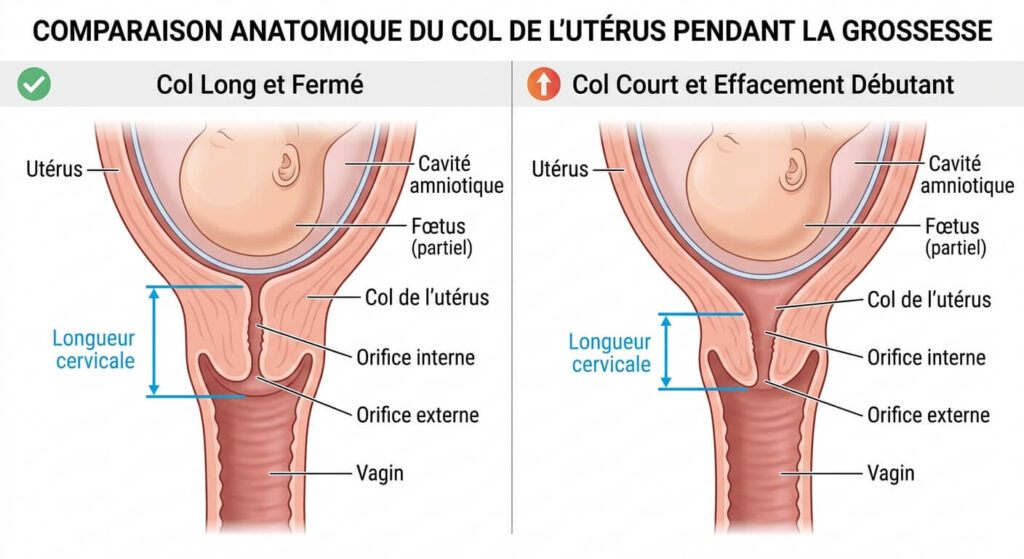 Comparaison anatomique entre un col de l'utérus long et fermé et un col court présentant un début d'effacement.