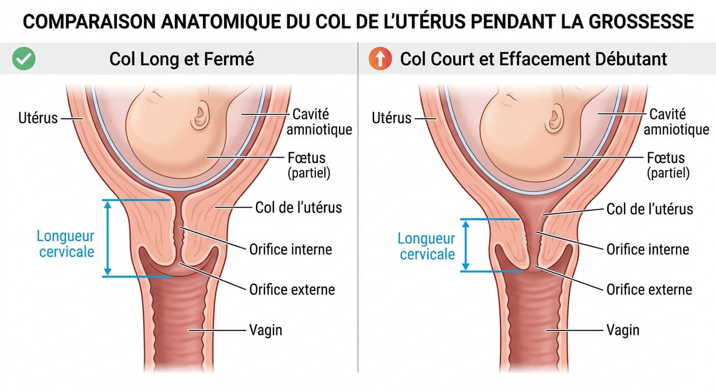 Comparaison anatomique entre un col de l'utérus long et fermé et un col court présentant un début d'effacement.