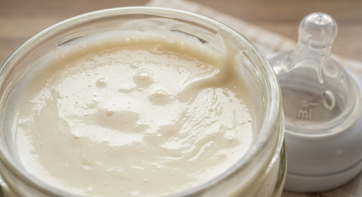 Gros plan sur la texture d'un lait infantile épaissi pour lutter contre le RGO.