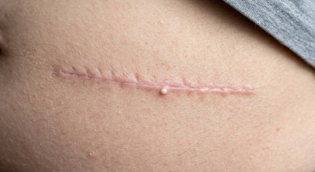 Bouton blanc sur une cicatrice : causes et que faire selon les cas 2 Gros plan sur une cicatrice chirurgicale présentant un petit kyste de milium blanc.