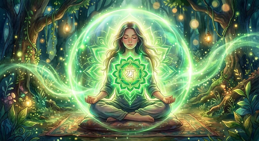 Téton qui gratte : signification spirituelle selon le côté et le contexte 2 Illustration du chakra du cœur (Anahata) rayonnant une lumière verte protectrice.