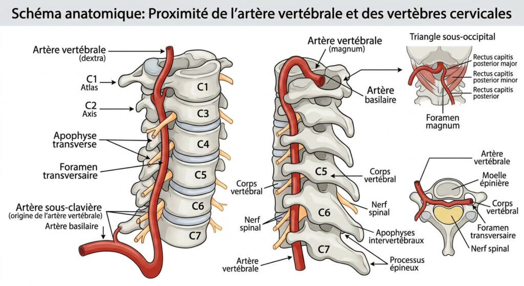 Le massage des cervicales présente-t-il un danger pour votre santé ? 3 Schéma anatomique illustrant la proximité de l'artère vertébrale avec les vertèbres cervicales