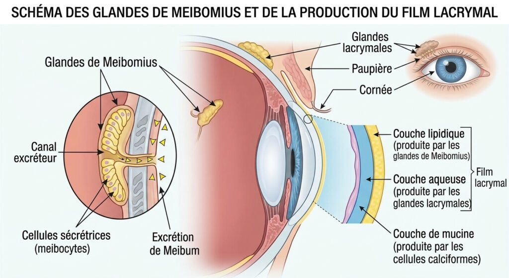 Pourquoi avez-vous un fil blanc dans les yeux et comment l'éliminer ? 3 Schéma des glandes de Meibomius et de la production du film lacrymal.