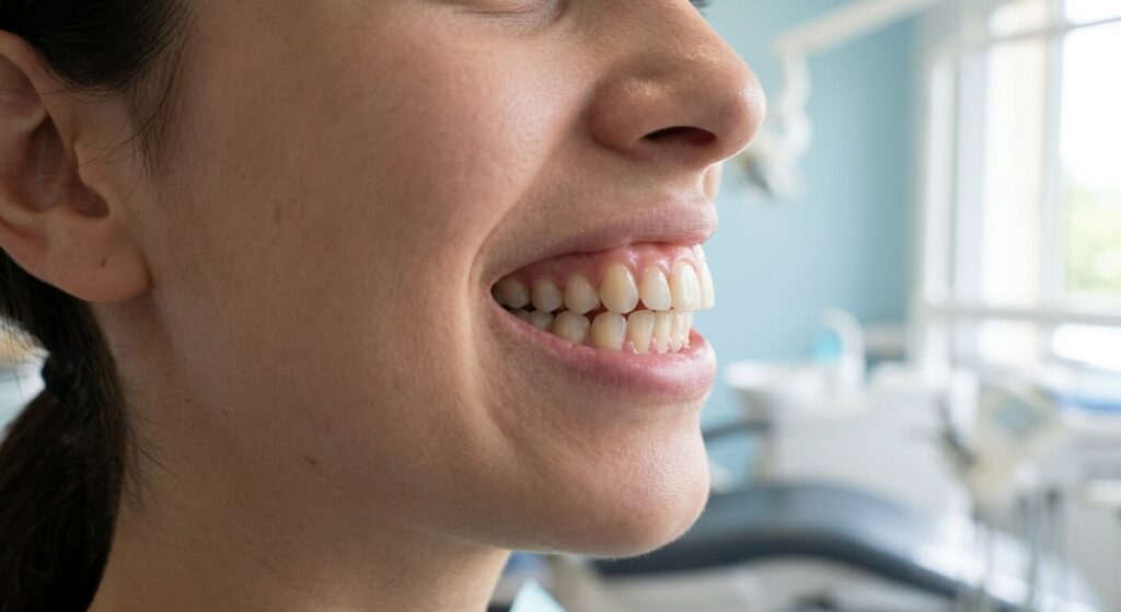 Vue latérale des dents montrant l'engrènement (occlusion) et l'espace labial.