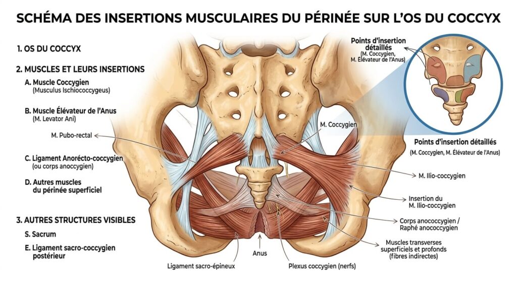 Schéma des insertions musculaires du périnée sur l'os du coccyx.