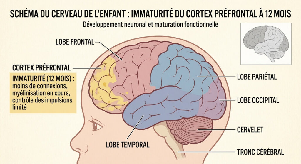 Schéma du cerveau de l'enfant montrant l'immaturité du cortex préfrontal à 12 mois.