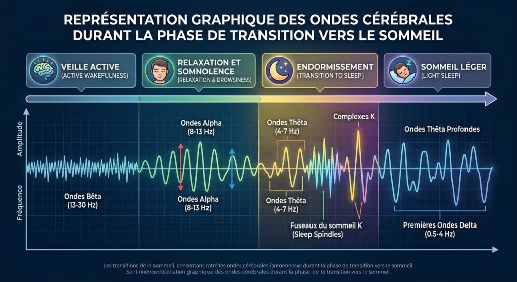 Représentation graphique des ondes cérébrales durant la phase de transition vers le sommeil.