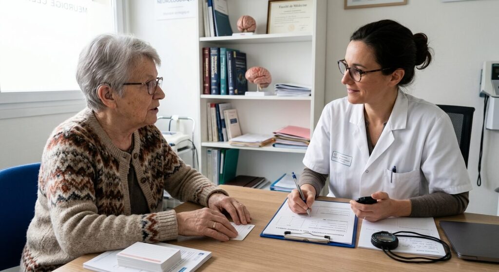 Patient passant une évaluation cognitive chez un neurologue pour tester sa fluidité verbale