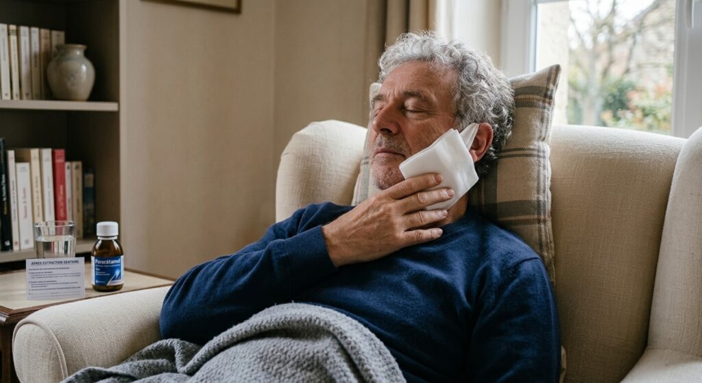 Patient se reposant avec une compresse stérile après une extraction dentaire complexe.