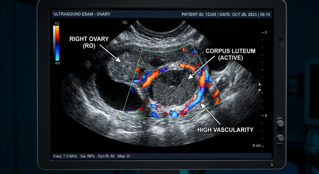Vue échographique d'un corps jaune actif produisant de la progestérone après l'ovulation.