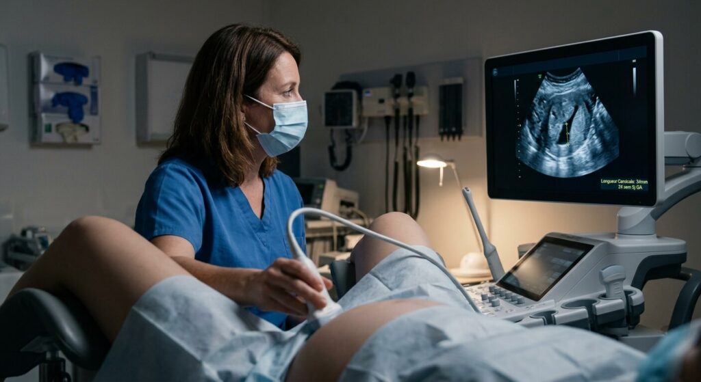 Mesure par échographie endovaginale de la longueur cervicale chez une femme enceinte.