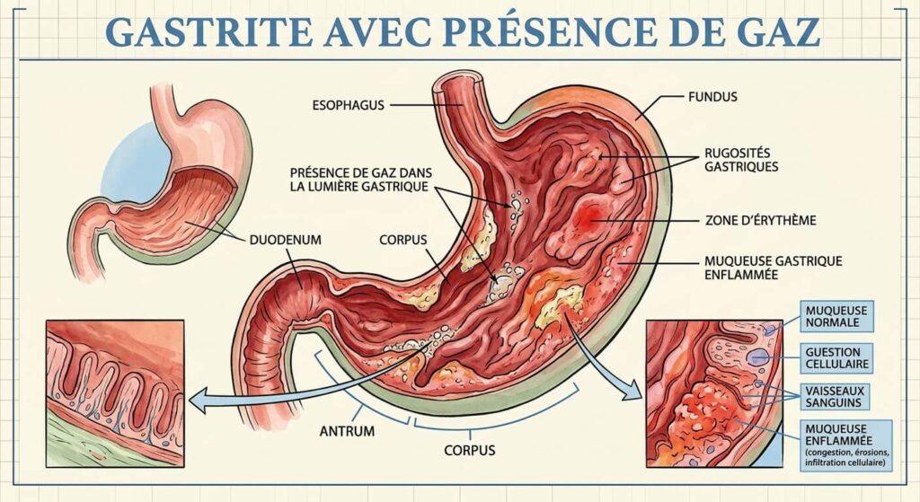 Illustration médicale montrant une inflammation de la muqueuse gastrique avec présence de gaz.