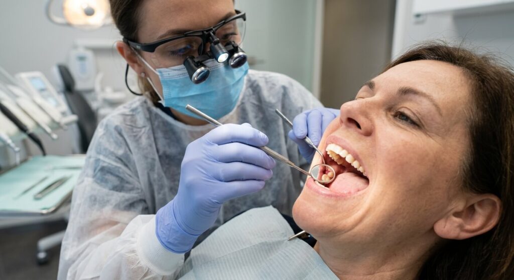 Examen endobuccal avec un miroir dentaire pour vérifier la cicatrisation du site d'extraction