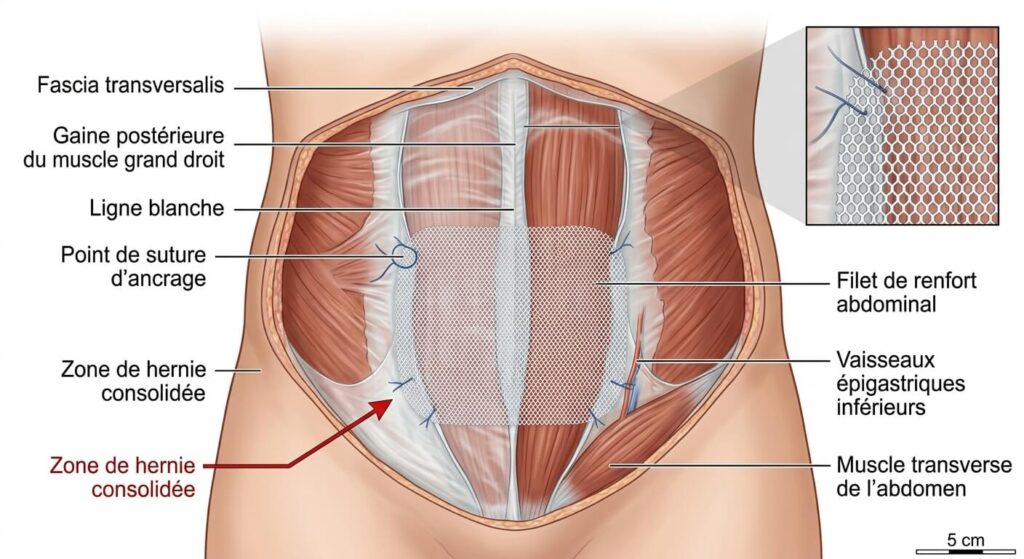 Illustration technique de la plaque de renfort (filet) posée pour consolider la paroi abdominale.