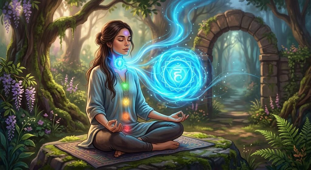 Illustration spirituelle d'une personne en méditation mettant en évidence l'énergie bleue du chakra de la gorge