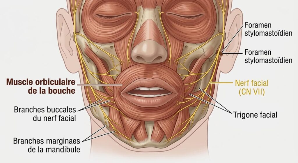 Schéma anatomique du muscle orbiculaire de la bouche et du nerf facial.